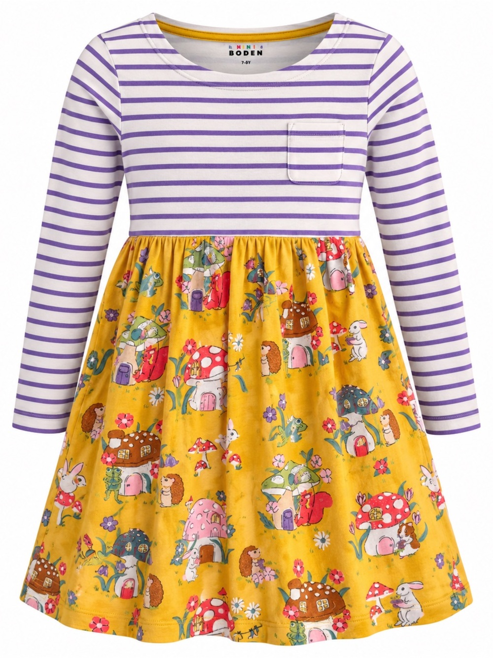 Mini Boden Hopscotch Mushroom Woodland Print Long Sleeve Dress 7-8Y Cottagecore
